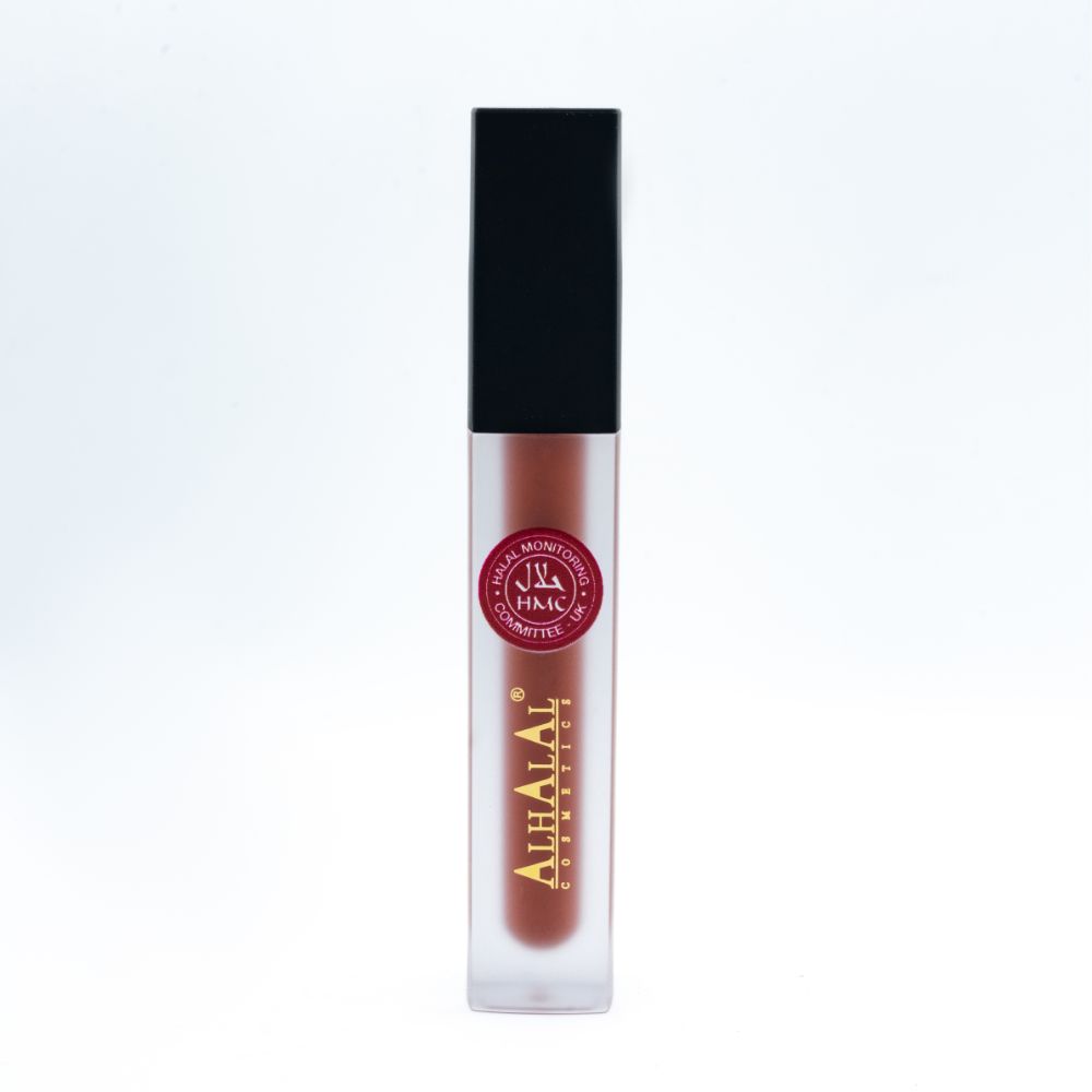 Alhalal Cosmetics flëssege Lëppestong a matt rout Faarf mat schwaarzem Deckel an halal Zertifikat