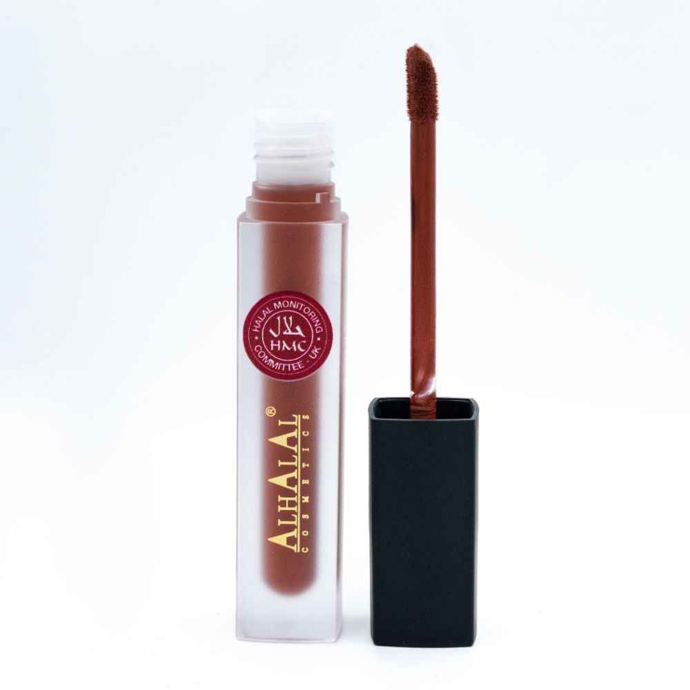 Alhalal Cosmetics flëssege Lipgloss an engem matte bronge Schied mat schwaarzem Kappapplikator