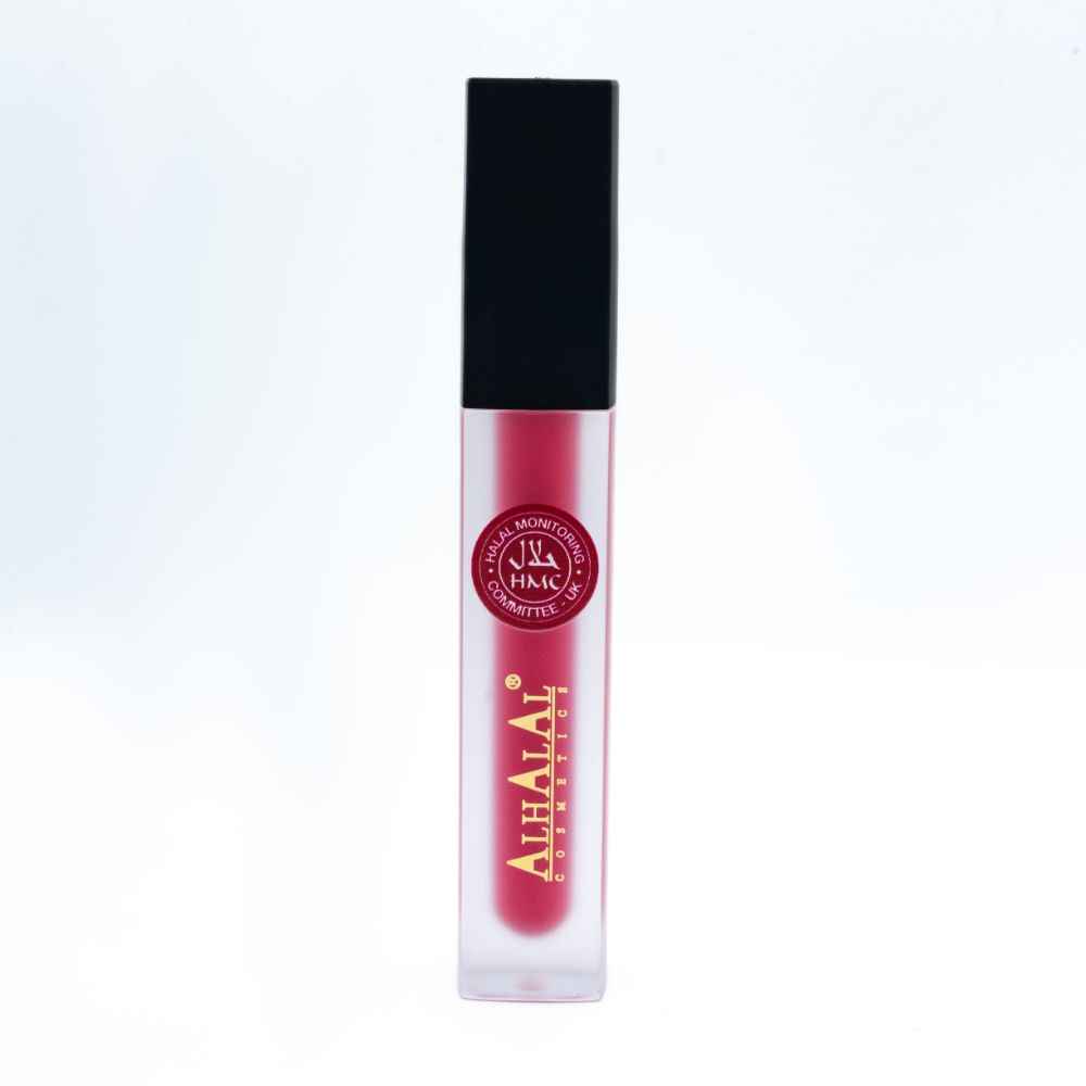 Alhalal Cosmetics flëssege Lëppestëft an enger matter transparenter Fläsch mat schwaarzem Deckel