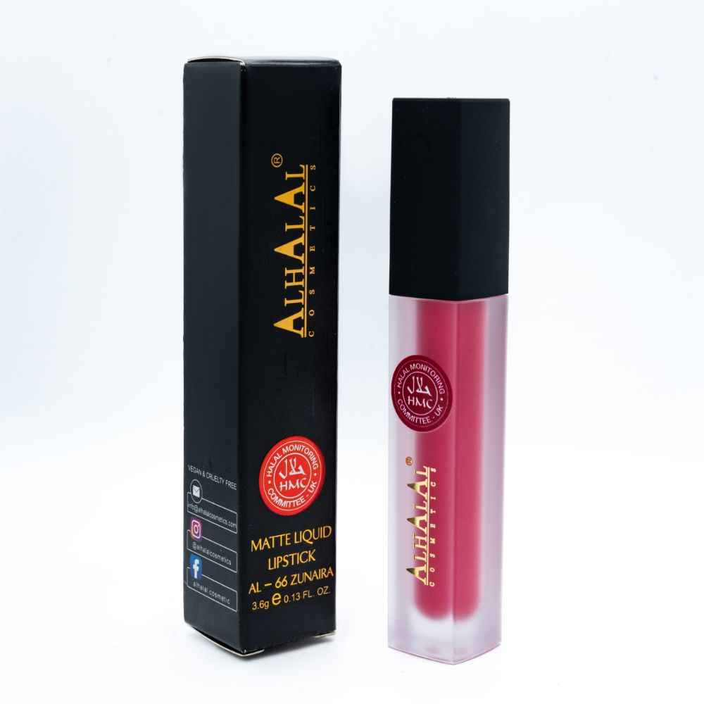 Alhalal Cosmetics rosa matt flëssege Lëppestëft mat schwaarzer Verpackung an Halal-Zertifikat