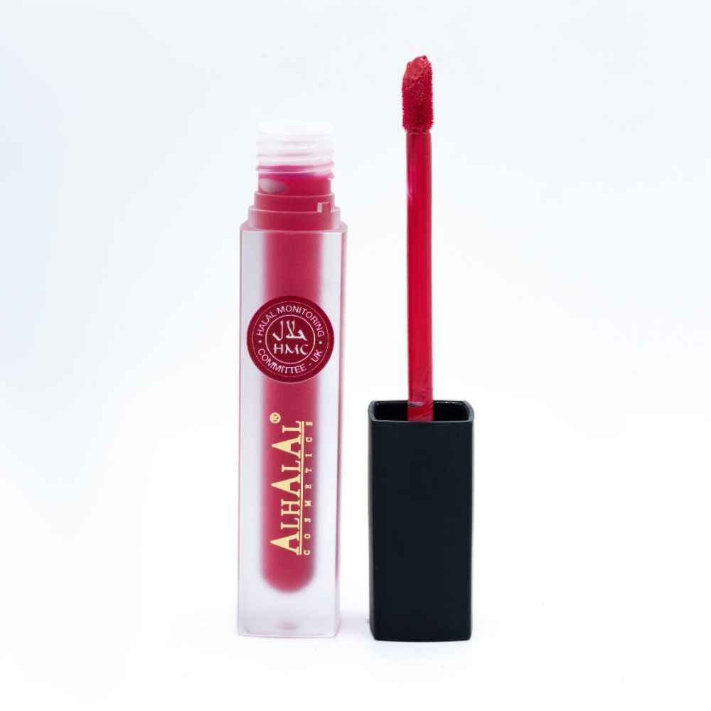 Alhalal Cosmetics flëssege Lëppestëft an engem matte Tube mat Applikator a rout