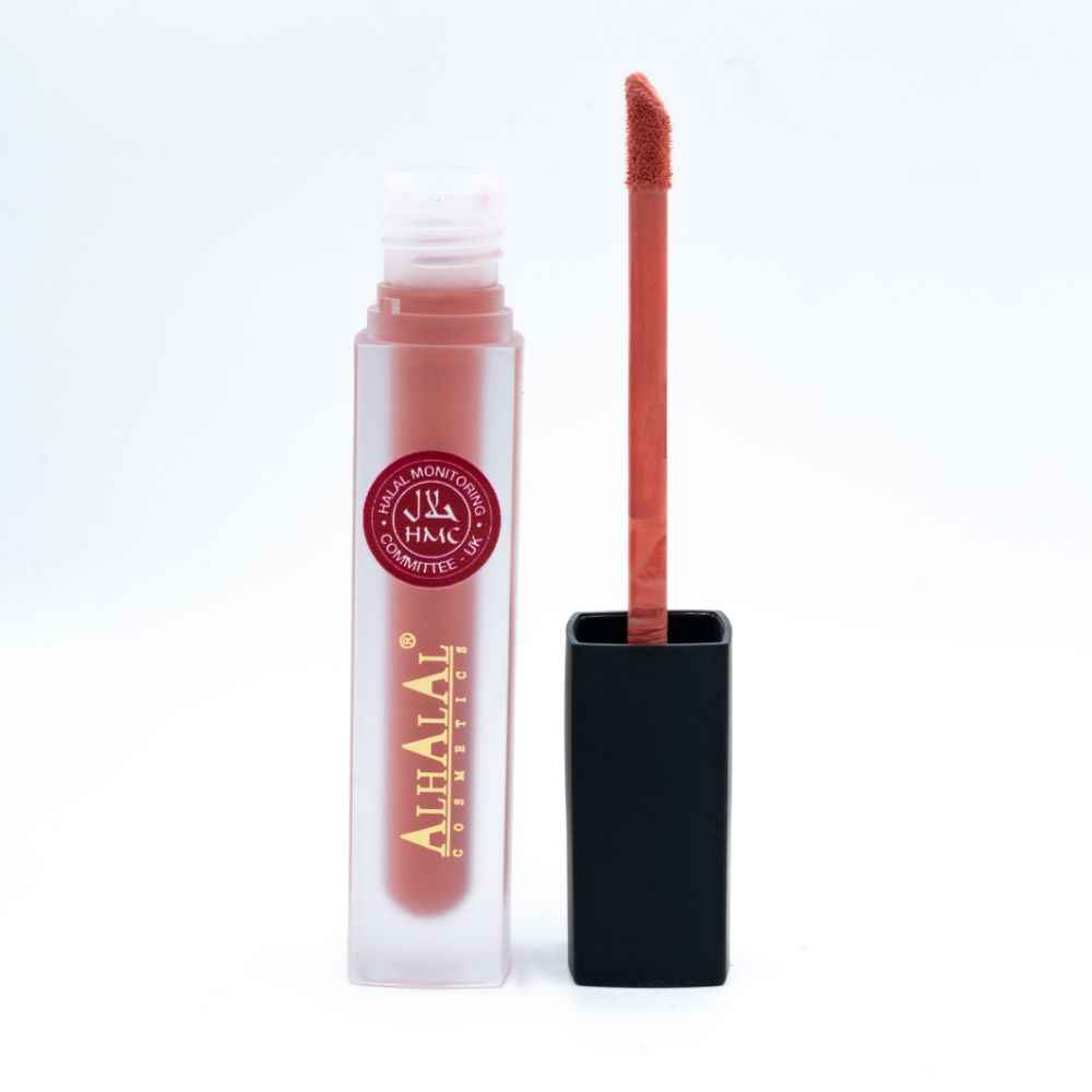 Alhalal Cosmetics flëssege Lëppestëft an enger matter transparenter Verpackung mat Applikator