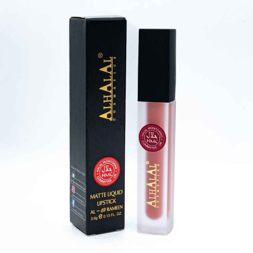 Alhalal Cosmetics flëssege Lëppestëft am matt rosa Schied mat schwaarzer Verpackung