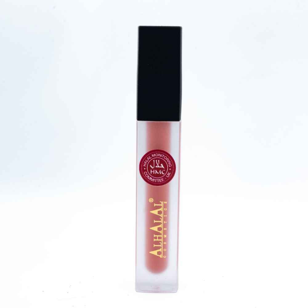 Alhalal Cosmetics flëssege Lëppestëft an engem matt hellrosa Schied mat schwaarzem Deckel