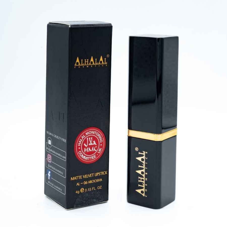 Alhalal Cosmetics Samtlippenstift an enger luxuriéiser schwaarzer Verpackung mat der Faarf WINE LIPSTICK