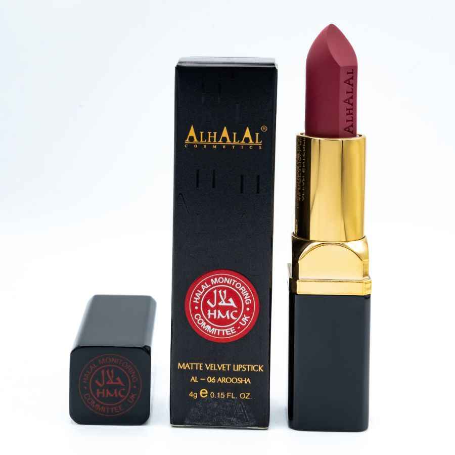 Alhalal Cosmetics matte Velvet Wine Lip Sift an déif rouder Faarf mat schwaarzer a gëllener Verpakung