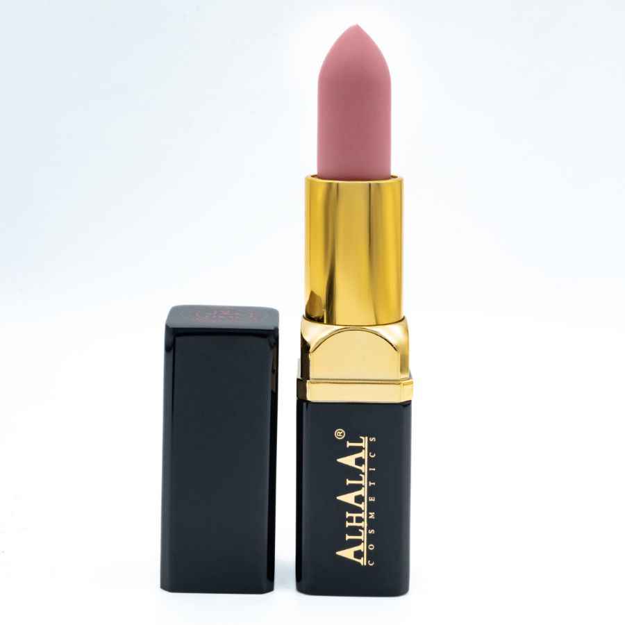 Alhalal Cosmetics Samtlippenstëft an engem mëllen bronge Lippenstëft mat schwaarzem a gëllener Hülle