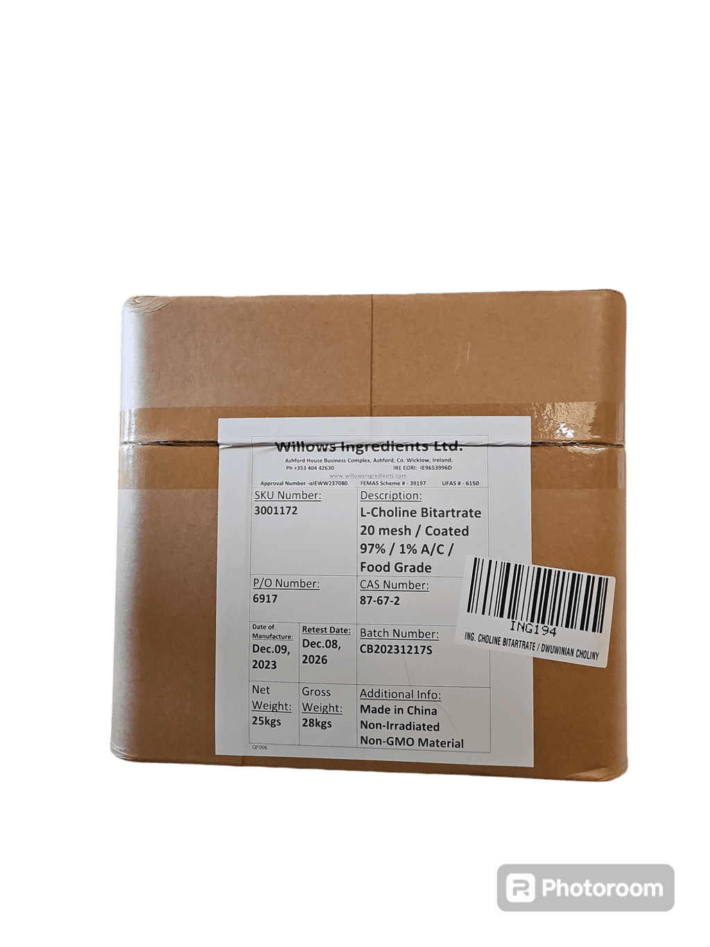 L-Cholin Bitartrat 25kg - BeBulk Nutrition